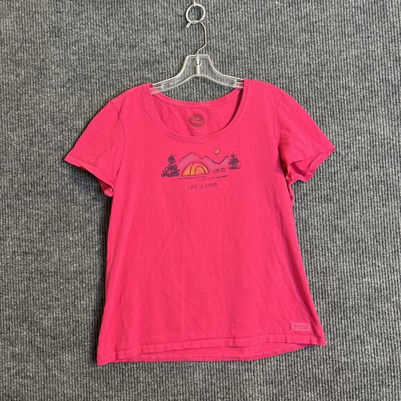 Life Is Good Womens Crusher Tee Size Large Pink Campground Scene Short Sleeve - Picture 1 of 8